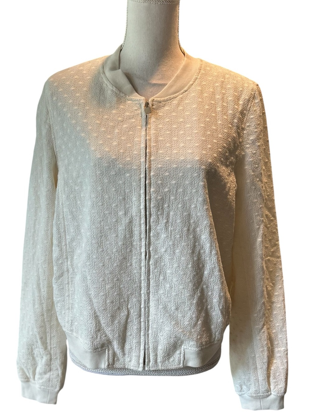Ann Taylor Cream Zip-Front Textured Bomber Jacket